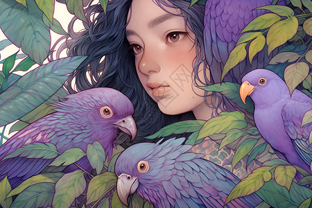 三只紫色的鹦鹉和女孩背景图片