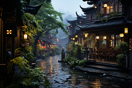 傍晚雨中的小镇背景图片