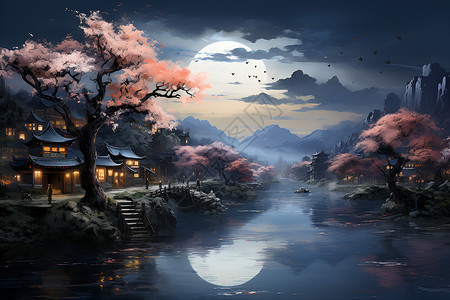 月下江南夜晚树木高清图片