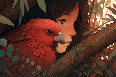 日本红林红鹦鹉与女孩在幽林插画