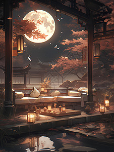 亭台的秋月倒影背景图片