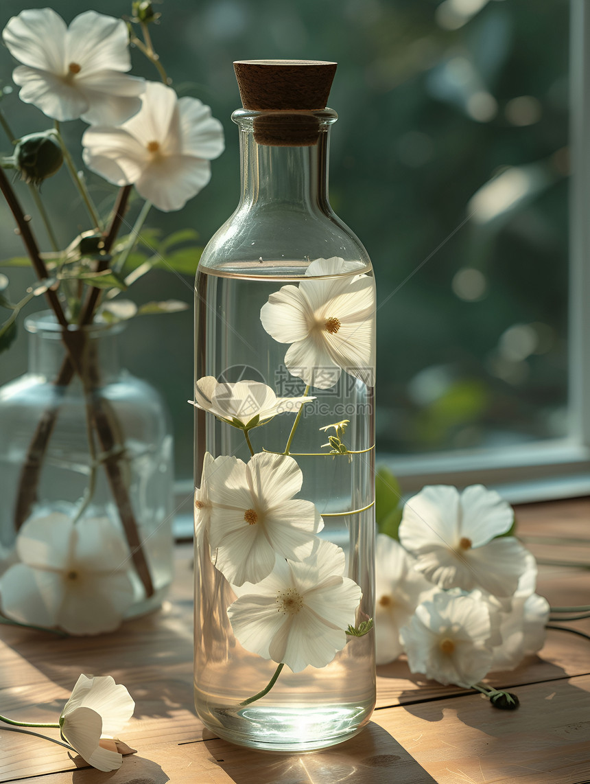 玻璃瓶中的白花图片