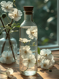 玻璃瓶中的白花背景图片