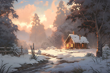 小屋外的雪景背景图片