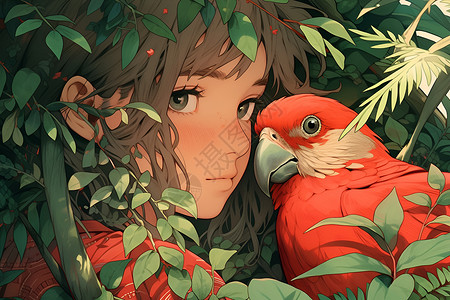 丛林中女子抱鹦鹉背景图片