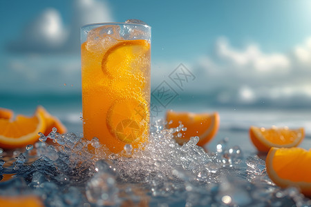 沙滩上的橙汁背景图片