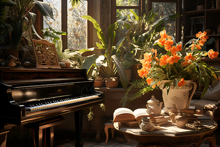 阳光照耀下的钢琴背景图片