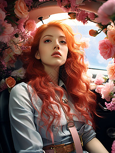 车里鲜花素材花车里的红发女子背景