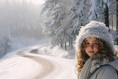 冬日雪景中的女子背景图片