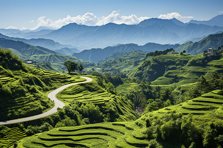 山脉上的梯田和公路背景图片