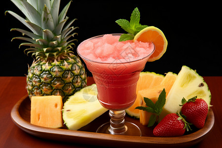 菠萝与草莓热带水果鸡尾酒背景