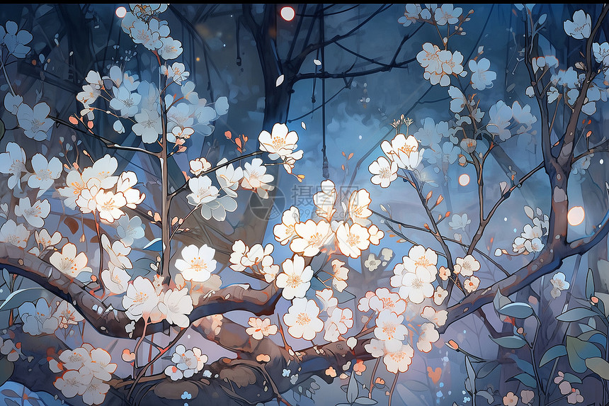 夜晚美丽的樱花景观插图图片