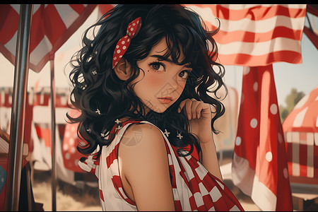 红白黑红白格子裙少女插画
