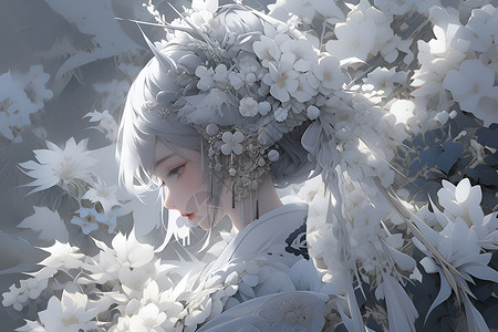 白发女子与花相偎背景图片