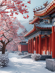 复古中国冰雪覆盖的中国宫殿建筑插画