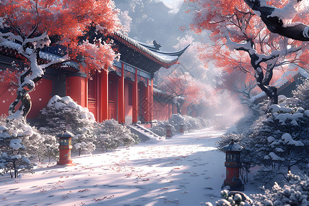 寒雪红墙插画背景图片