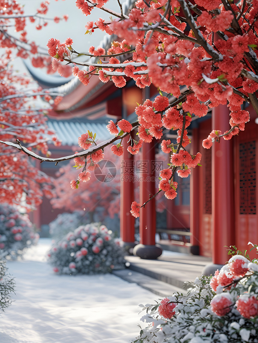 冬日红墙下雪景如画图片