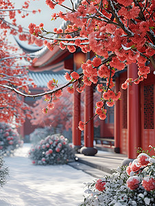 景雪花冬日红墙下雪景如画插画