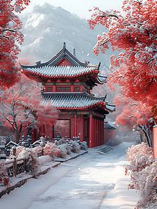 红墙雪景冬日红墙梅花插画
