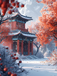 冬日梅花和古典建筑背景图片