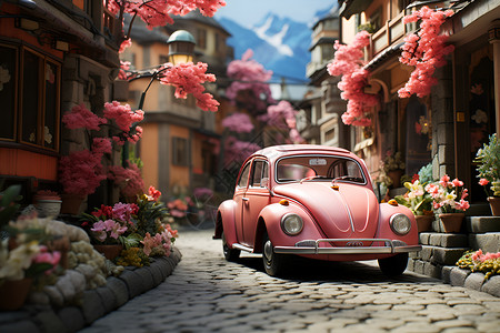 城市中的粉色小汽车背景图片