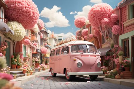 花卉街道背景粉色的小面包插画
