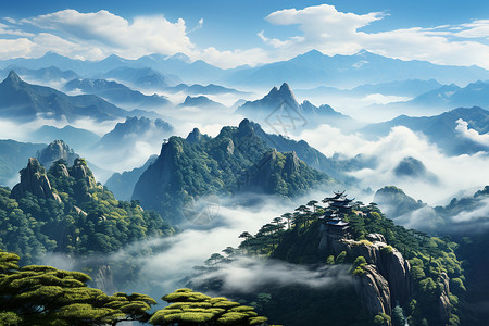 山顶云雾美丽的山脉风景插画