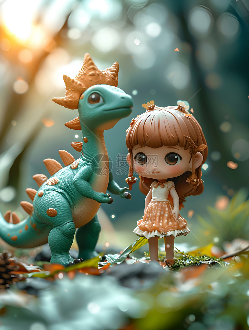 童话森林里的恐龙和小女孩图片
