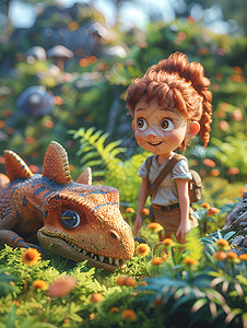 快乐的小女孩和玩具恐龙背景图片
