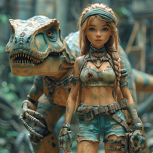恐龙模型少女与恐龙插画