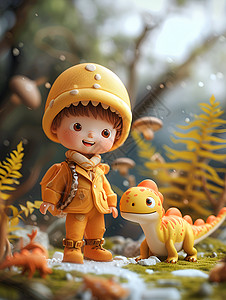 小男孩穿着黄色雨衣带着恐龙背景图片