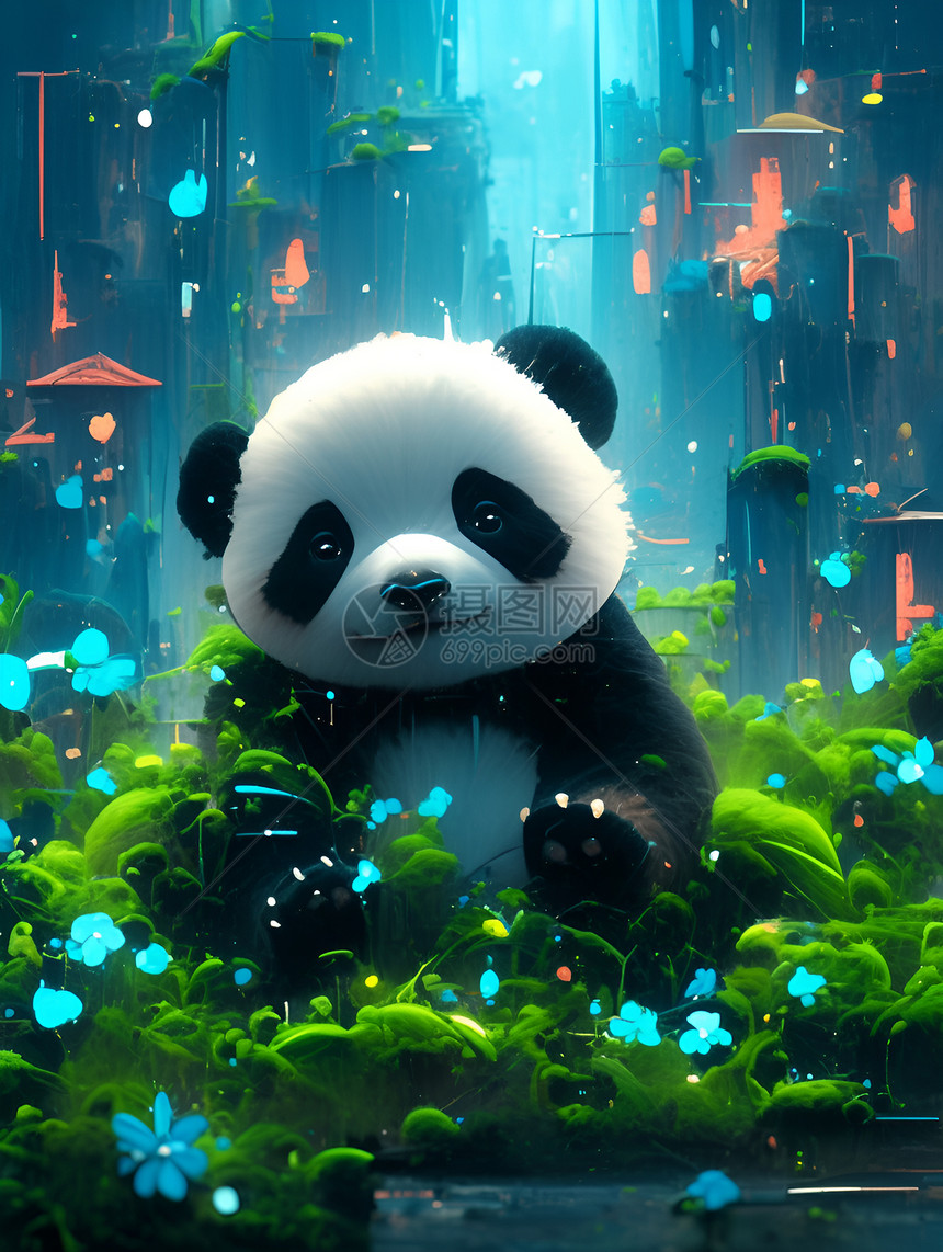 草丛中的熊猫绘画图片