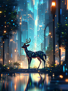 城市户外的鹿绘画背景图片