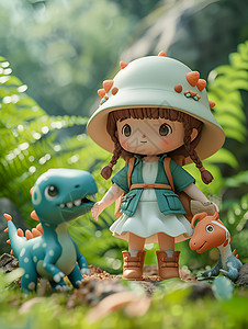 森林中的恐龙和女孩背景图片