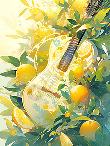 水果音乐素材果树中的乐器插画