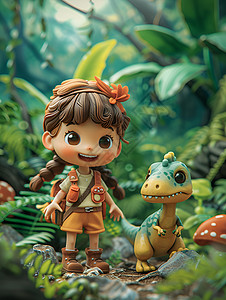 森林中的女孩和恐龙背景图片