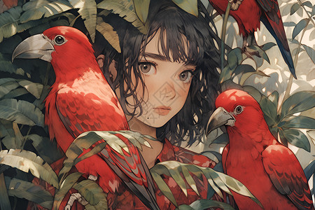 植物中的女孩和鹦鹉背景图片
