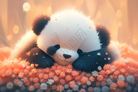 珍稀羊肉卷花海里的熊猫插画