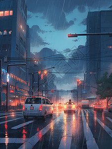 乌云城市夏日的街头雨景插画