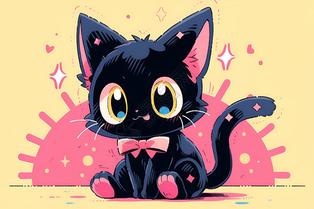 黑色蝴蝶结黄色背景下的黑色小猫插画