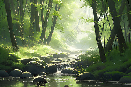 青翠竹林溪流背景图片