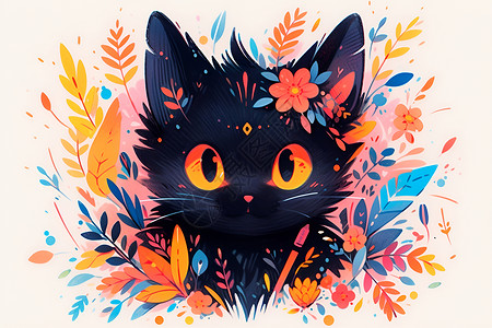 一丛花花朵一束丛花环绕中的黑猫插画