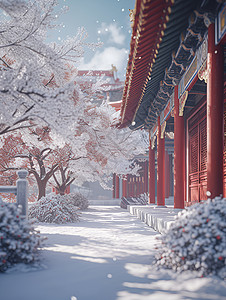 宫殿的迷人雪景背景图片