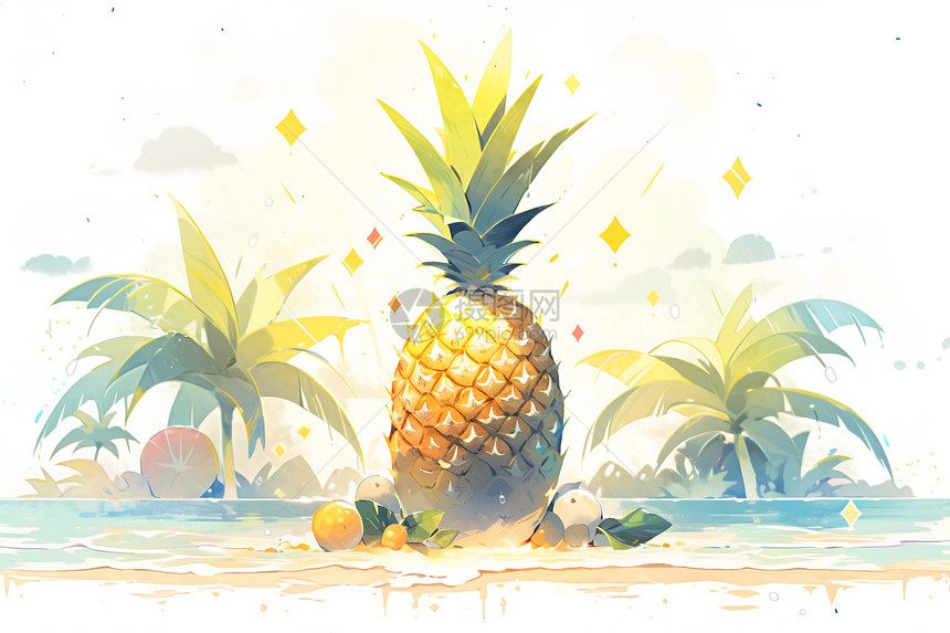热带沙滩上的菠萝图片