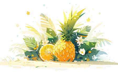 菠萝叶子热带沙滩上的菠萝插画