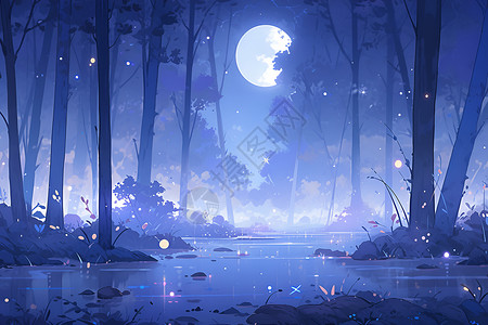 月光下的森林奇景背景图片