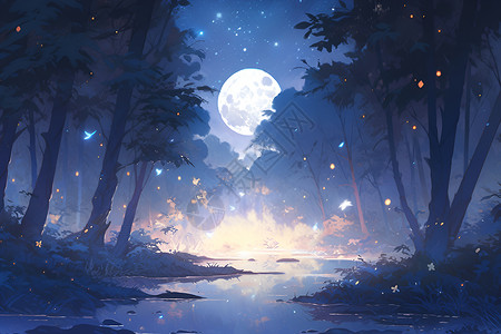 月夜森林插画背景图片