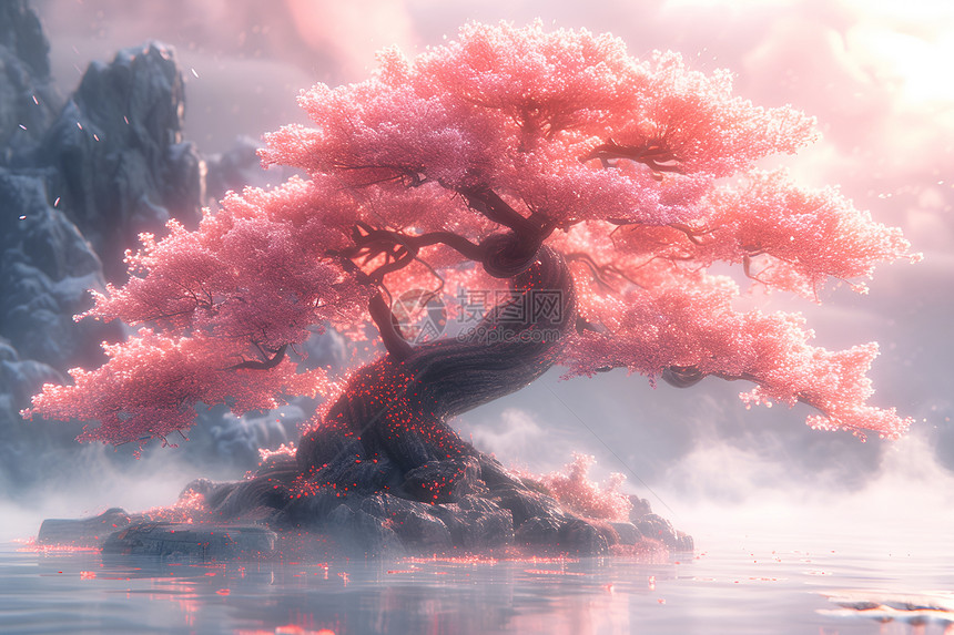 梦幻中的粉色湖畔树图片