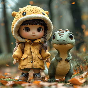 可爱的女孩和恐龙背景图片