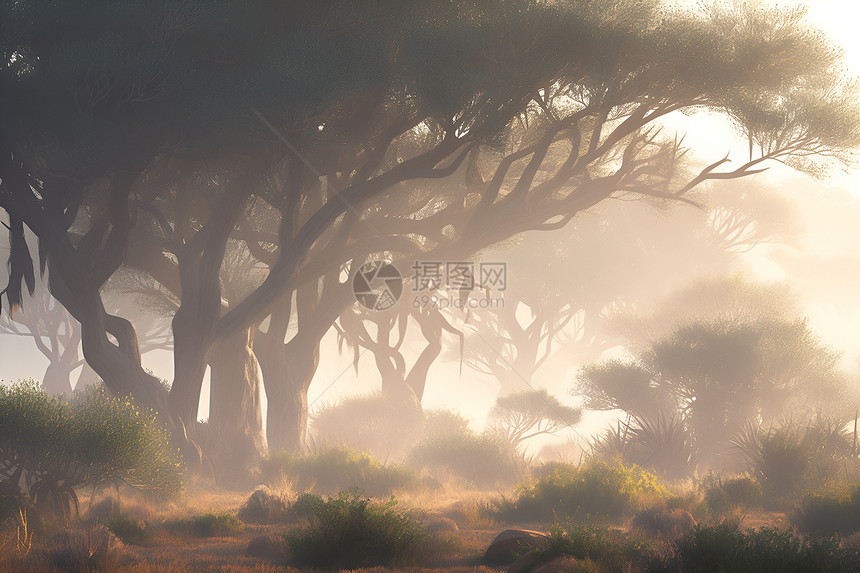 迷雾中的树木森林图片